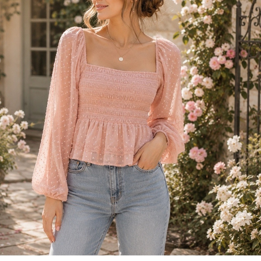 Love, Fire Blush Pink Swiss Dot Smocked Peplum Crop Top Large Coquette Romantic